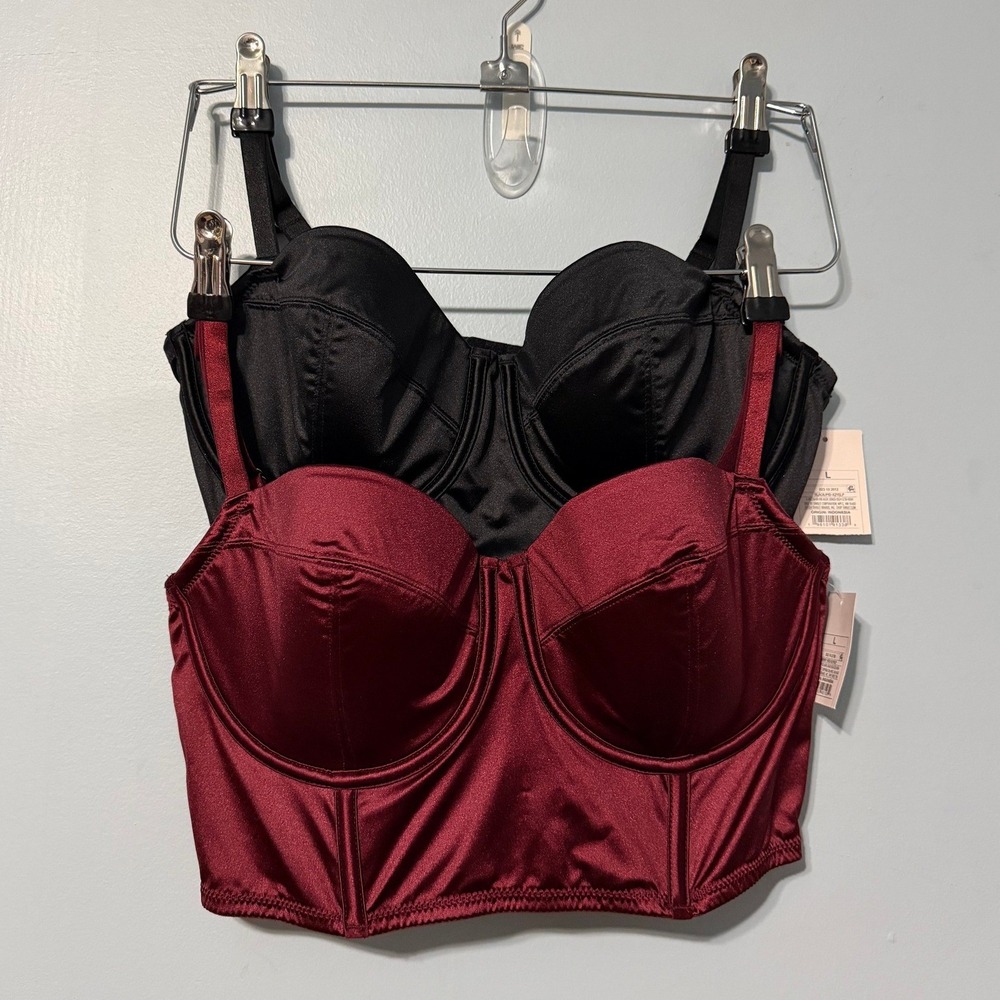 Auden Intimates Size Large Satin Longline Bustier Bra Set Black Berry Red 2562